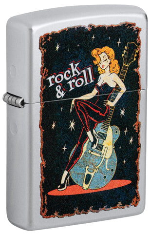 Front view of ˫ Cool Chick Design Satin Chrome Windproof Lighter standing at a 3/4 angle.